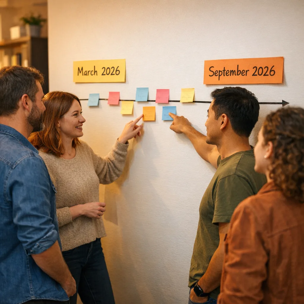 Team reviewing a March&ndash;September 2026 verification timeline