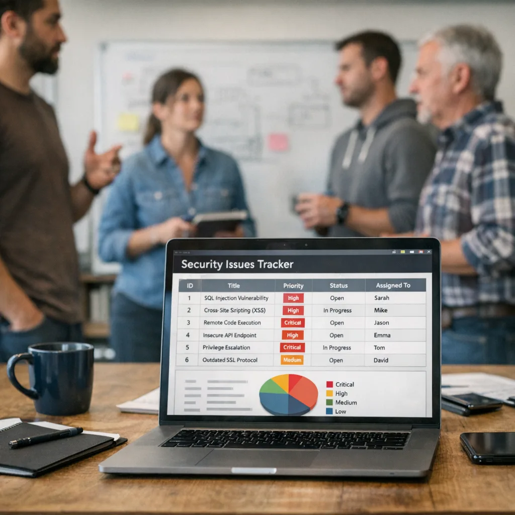 Team prioritizing security fixes during a stand-up meeting