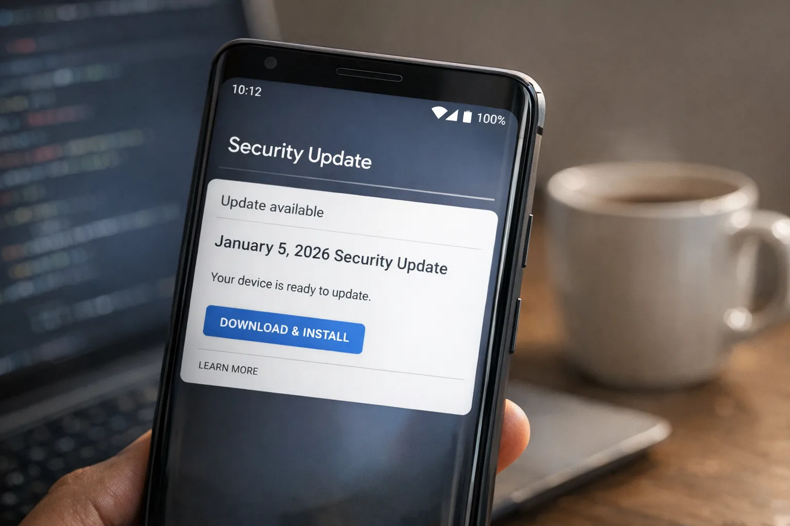 Android phone showing January 2026 security update screen on a developer&rsquo;s desk