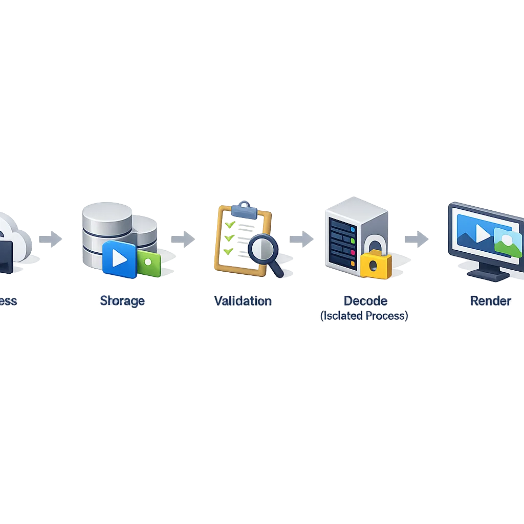 Media pipeline diagram highlighting where to validate and isolate audio decoding