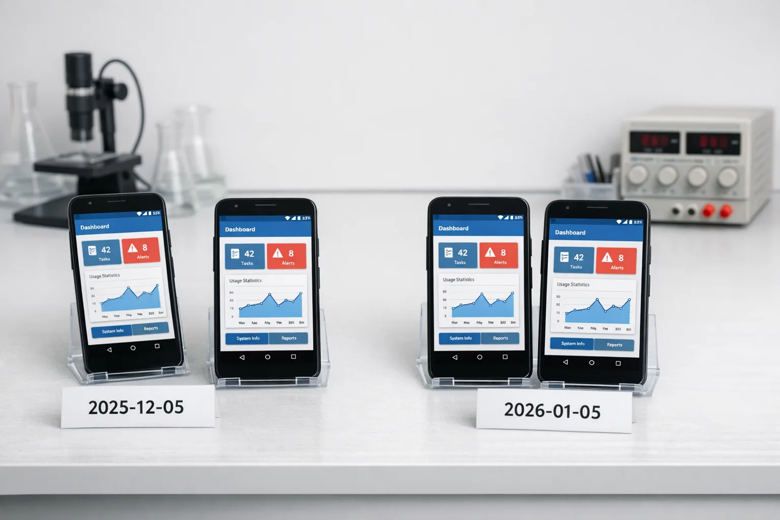 QA lab with multiple Android devices on different patch levels for validation