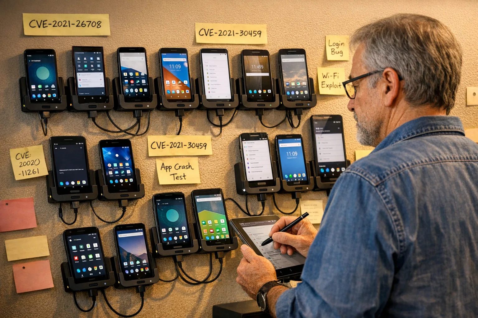 Engineer validating Android security patches across multiple devices