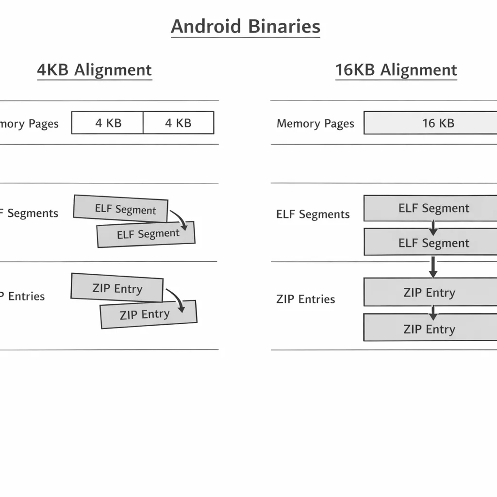 Diagram: moving from 4KB to 16KB page sizes for Android apps