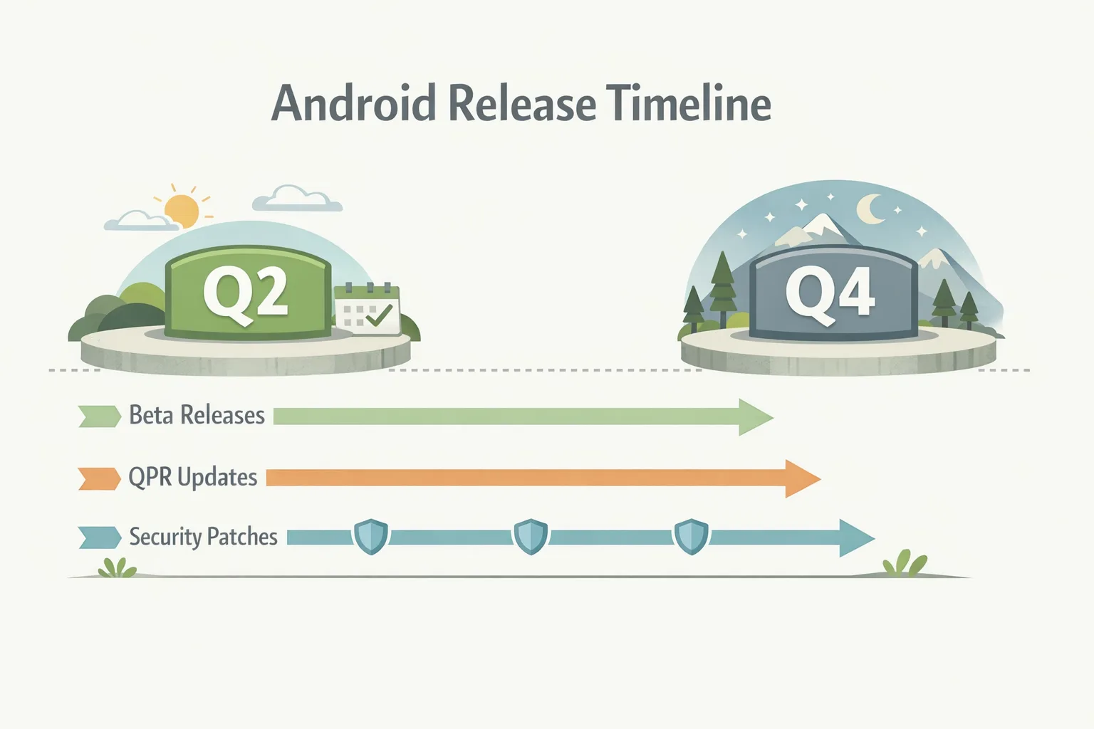 Illustrated Android release timeline with Q2/Q4 code drops