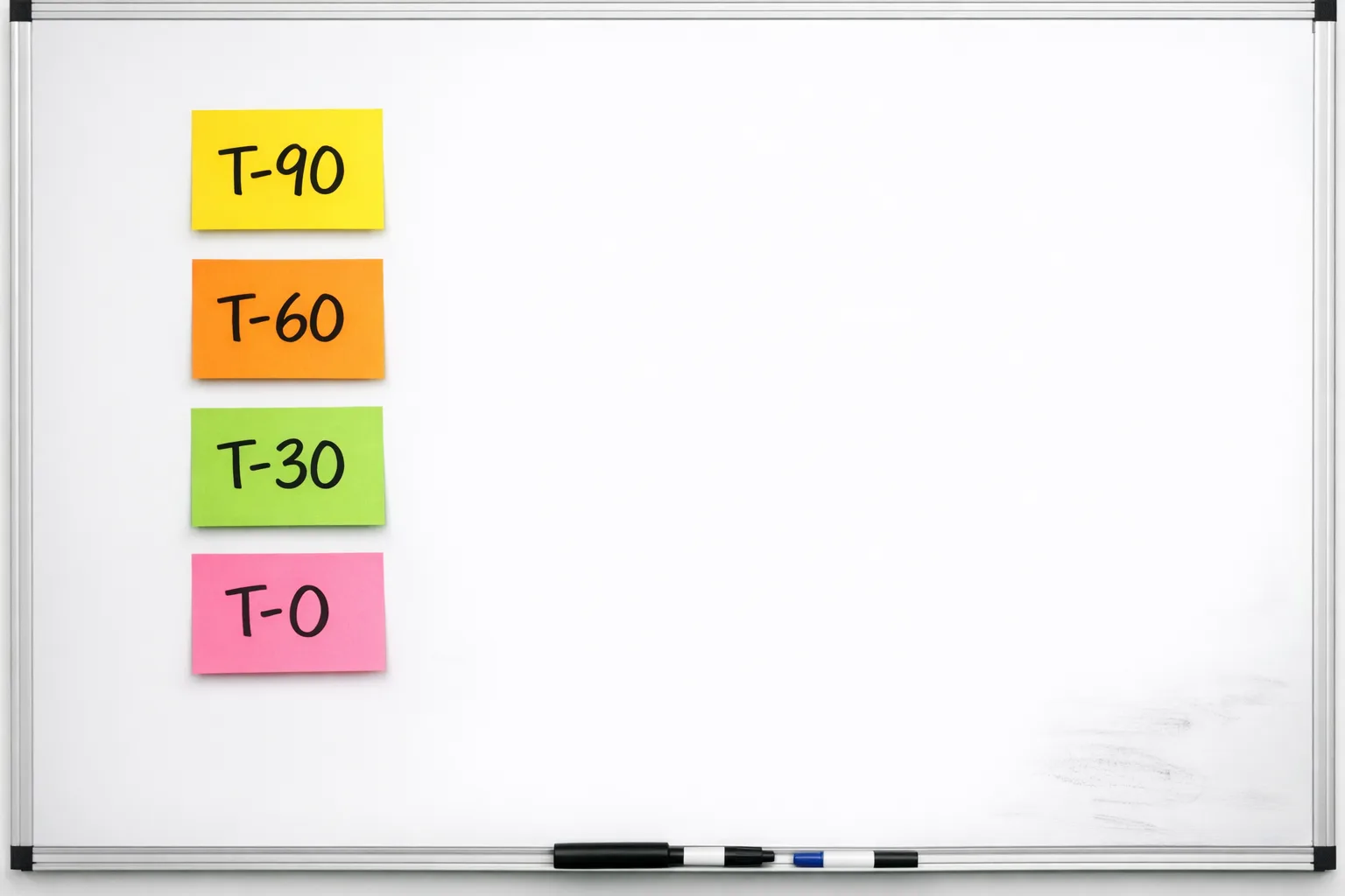 Whiteboard release plan showing T-90, T-60, T-30 stages