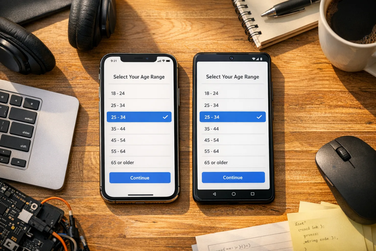Developer desk with iOS and Android phones showing age range prompts