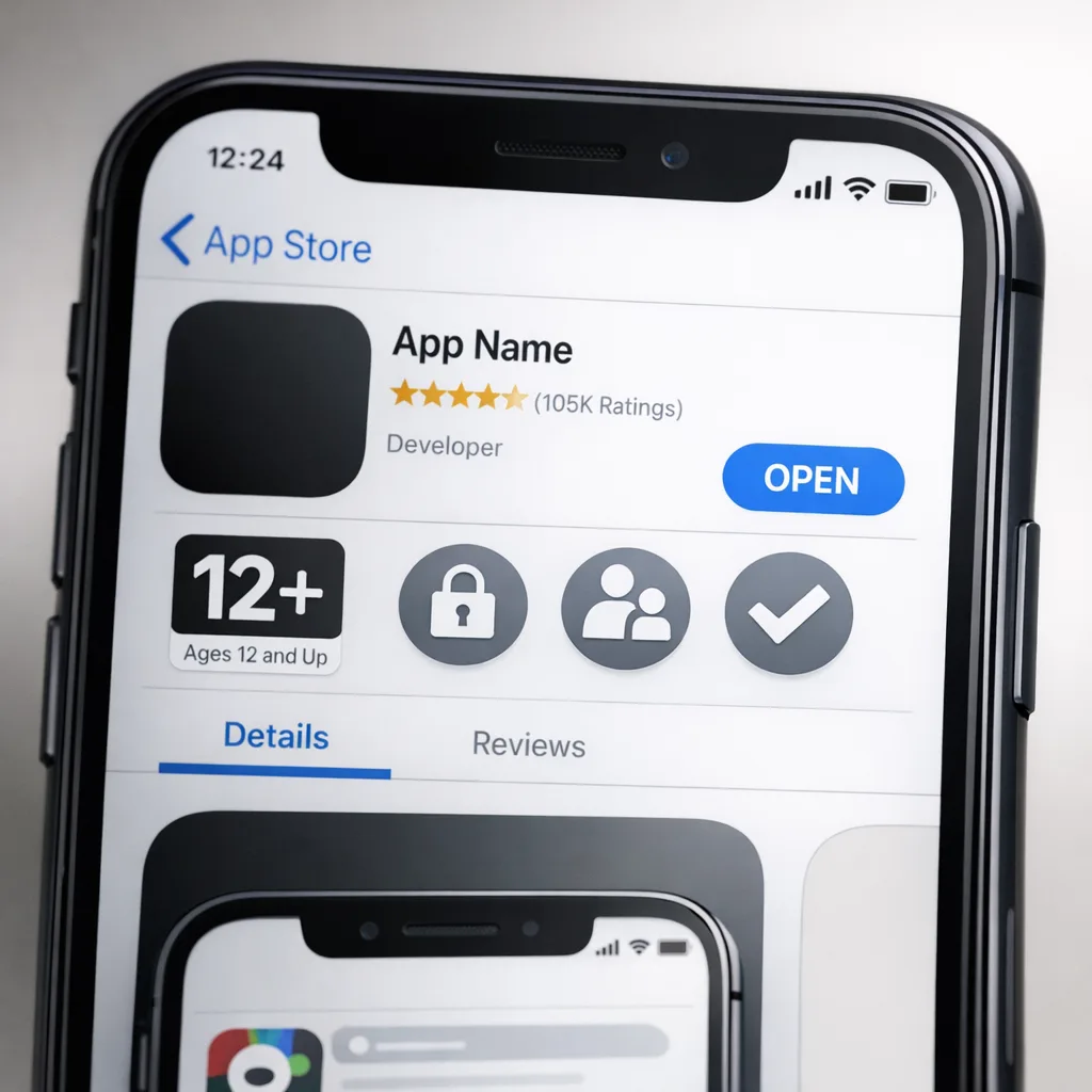 Phone showing App Store product page and age rating badge