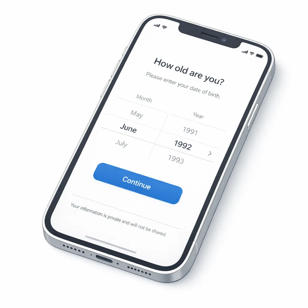 Onboarding UI mock showing a lightweight age declare screen with privacy note