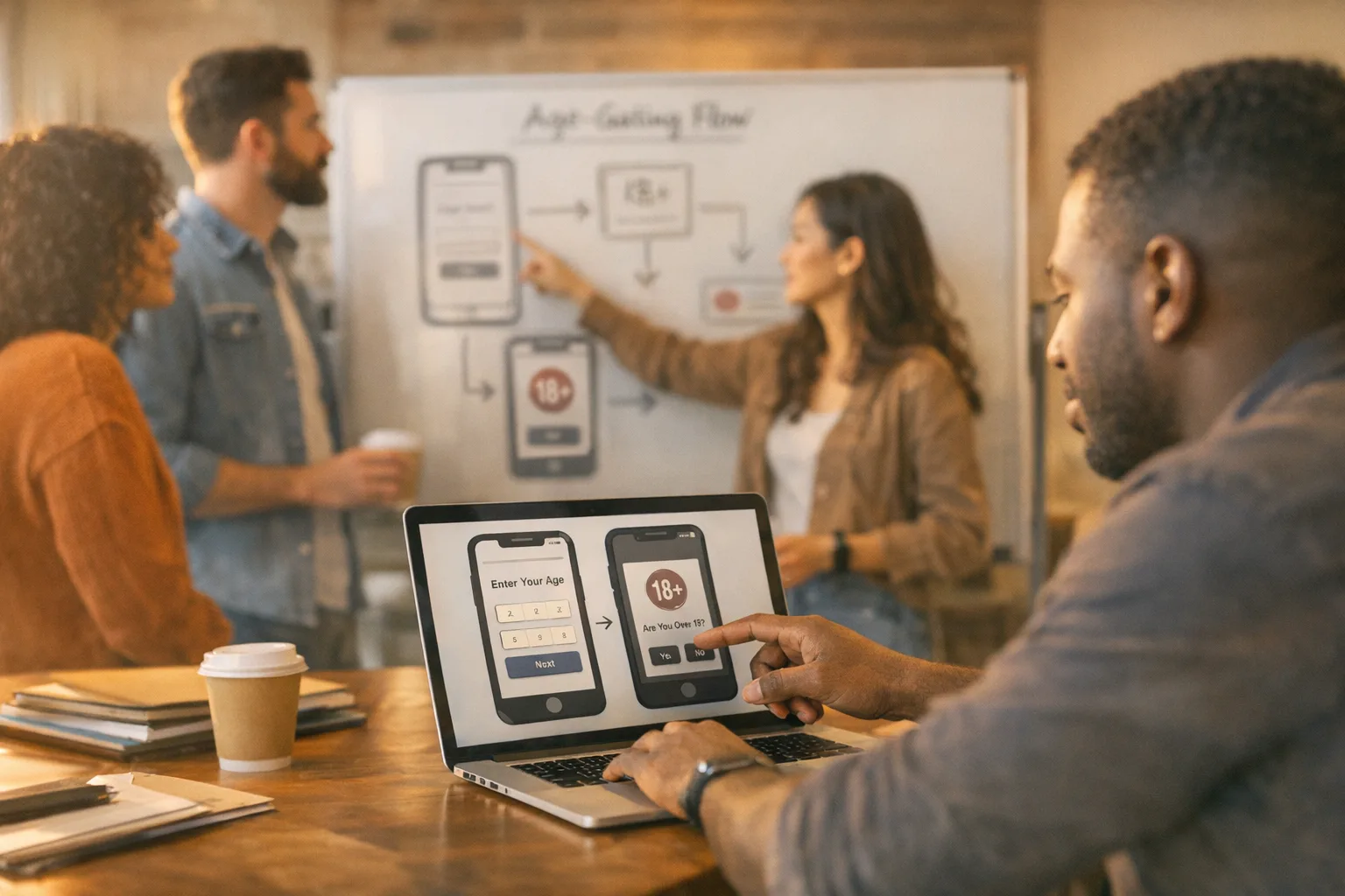Mobile team reviewing age-gating flow on whiteboard and laptop