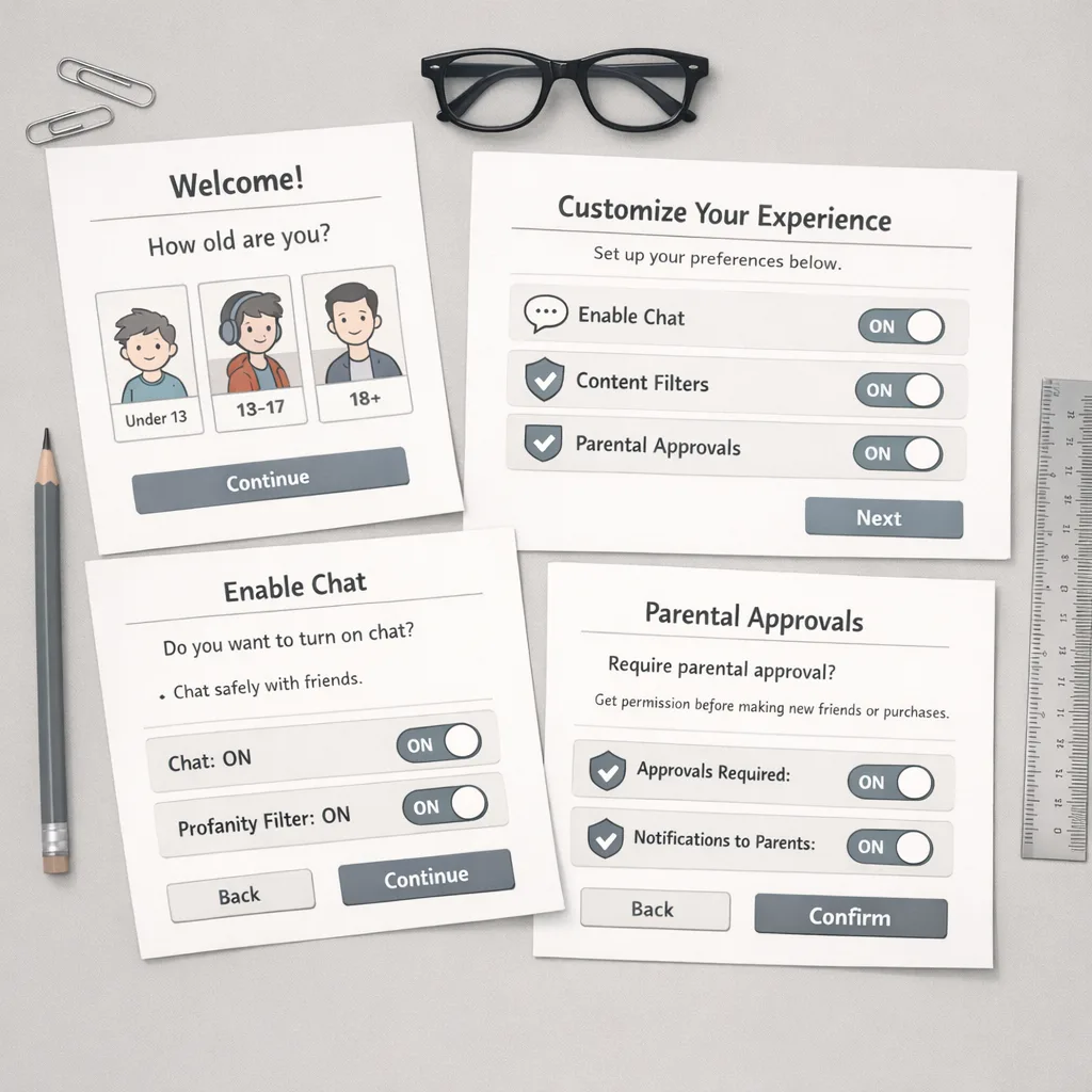 Wireframes of age‑aware onboarding and controls