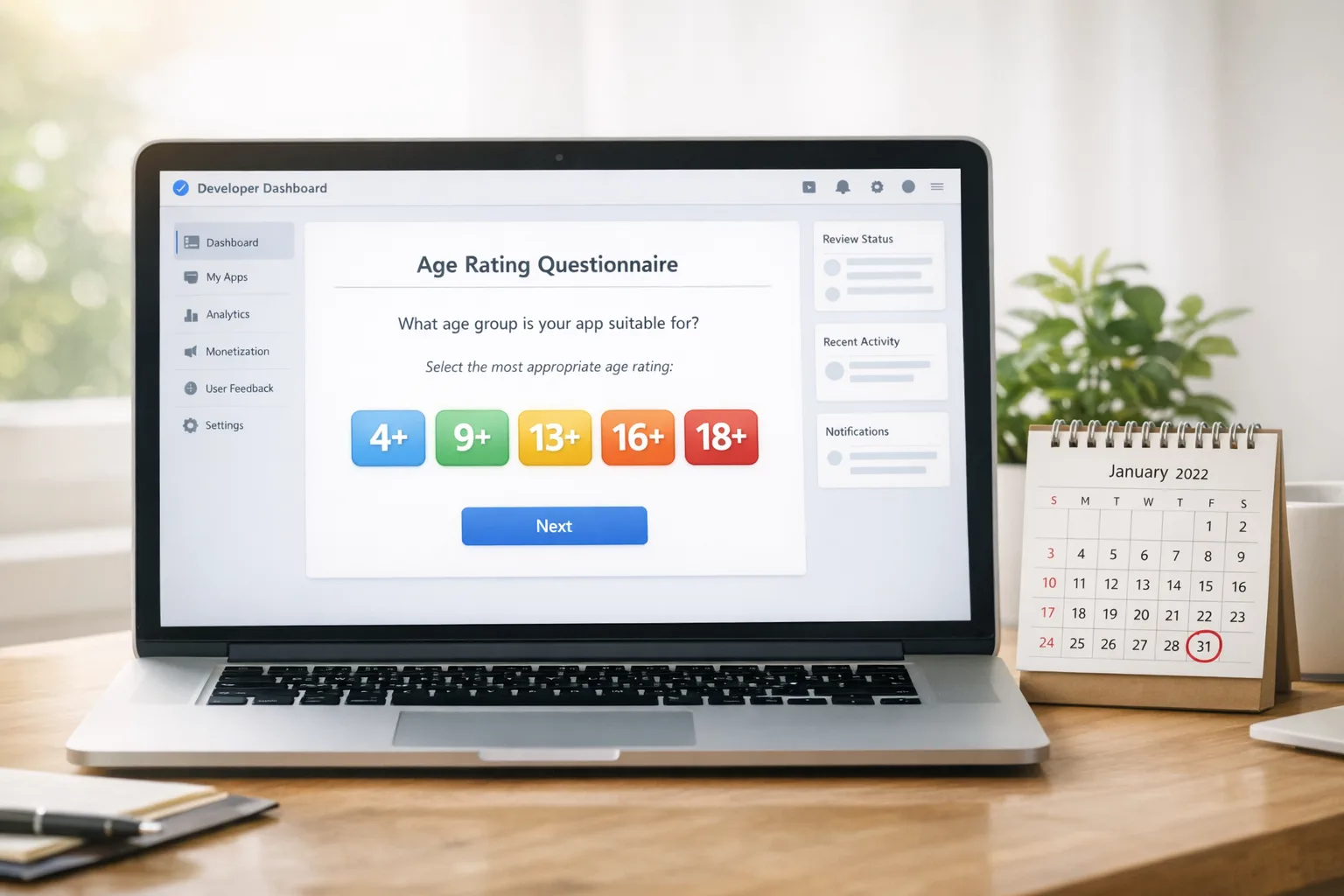 Illustration of App Store age rating questionnaire with new 13+, 16+, 18+ tiers