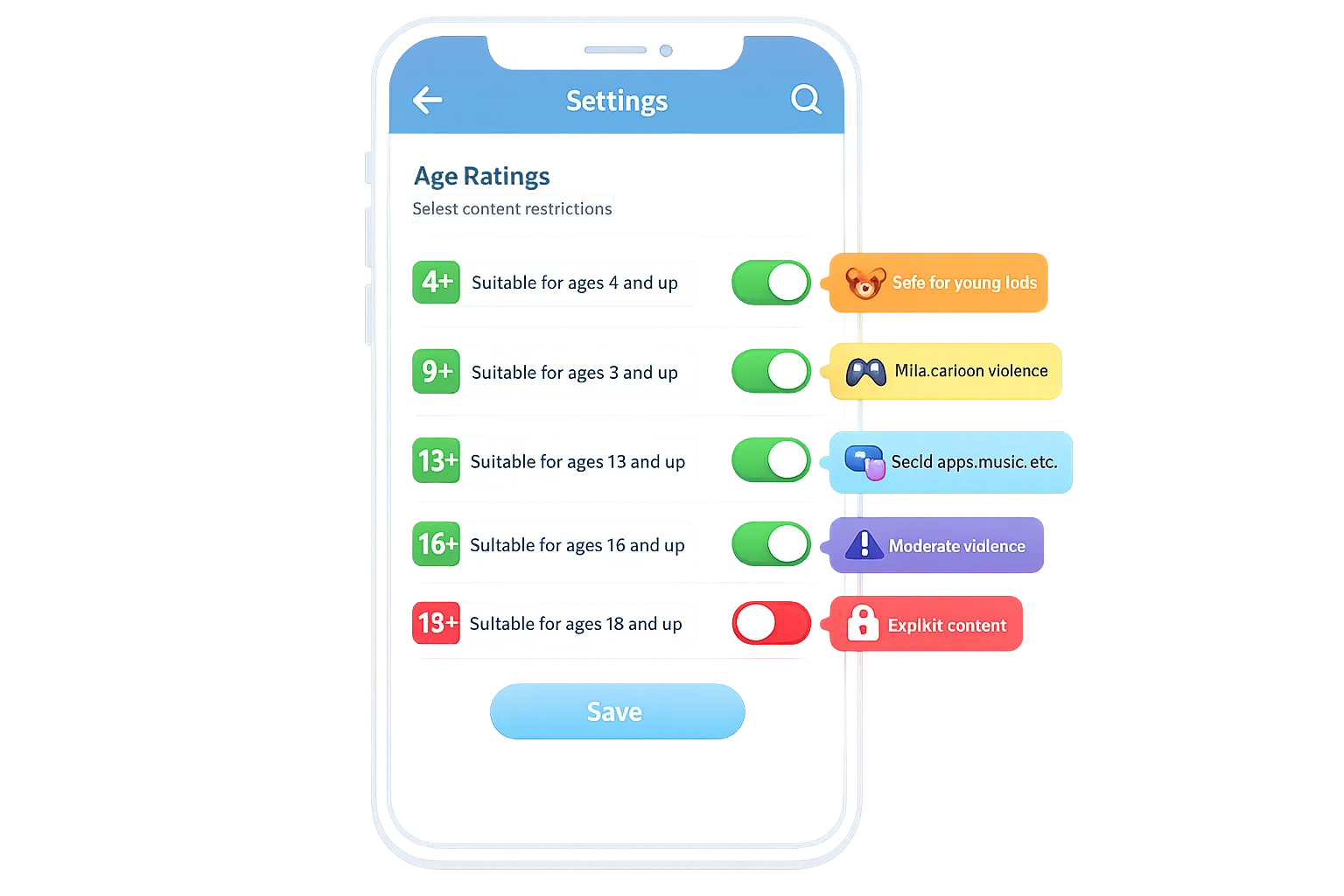 Illustration of App Store age rating categories in a settings UI