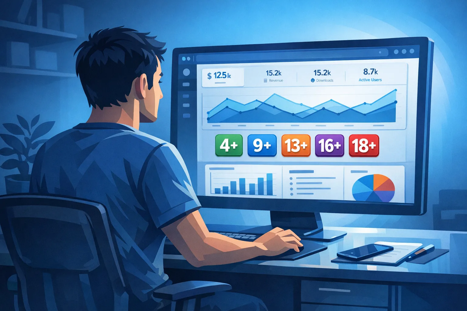 Illustration of a developer reviewing age rating badges in a dashboard