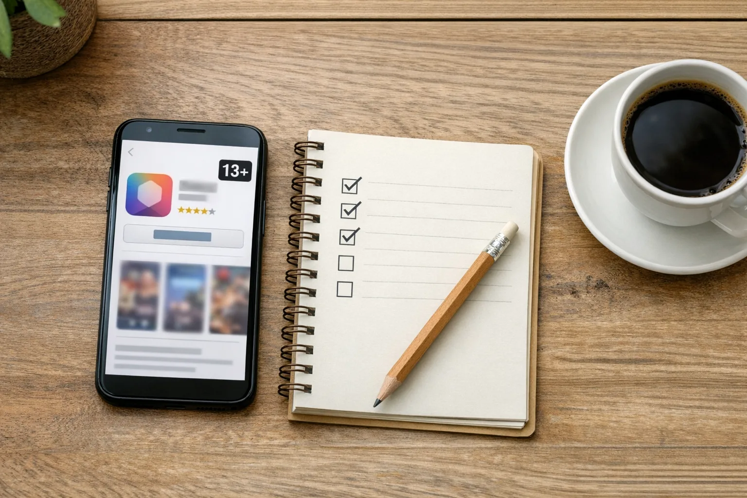 Phone displaying an age rating badge next to a developer checklist