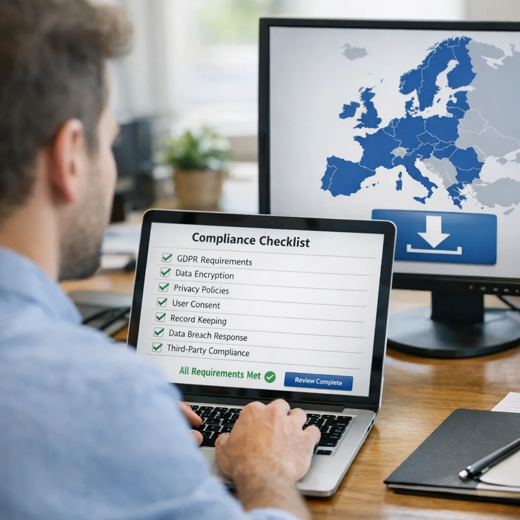 Product manager reviewing a compliance checklist next to an EU-themed download screen