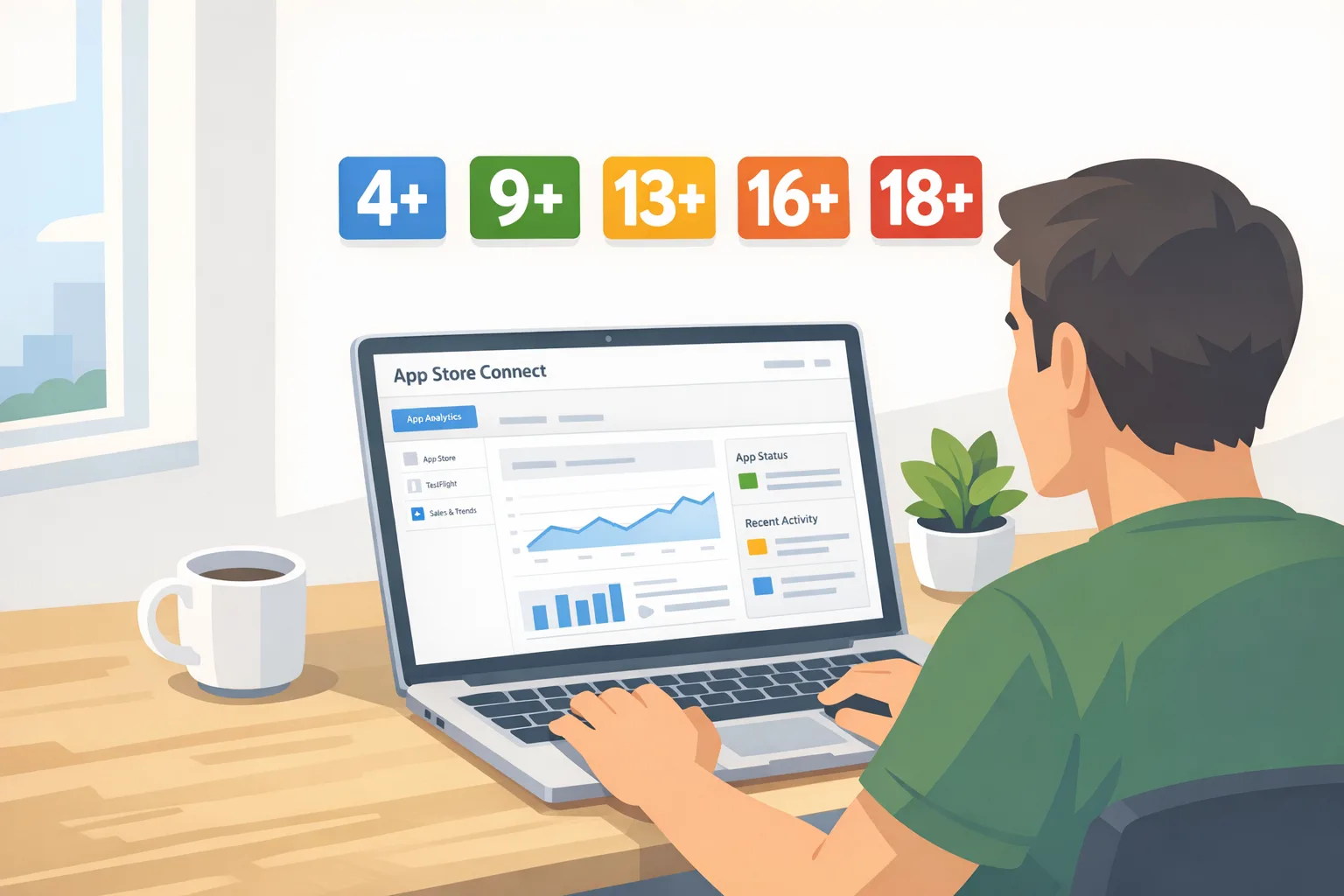 Developer reviewing updated App Store age rating tiers on a laptop