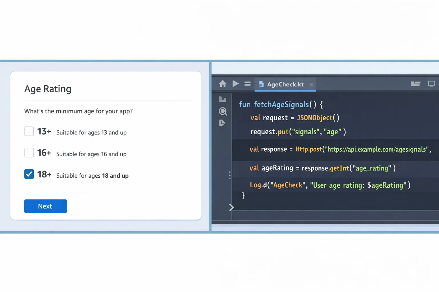 App Store Connect and Android Studio side-by-side showing age rating controls and an API snippet