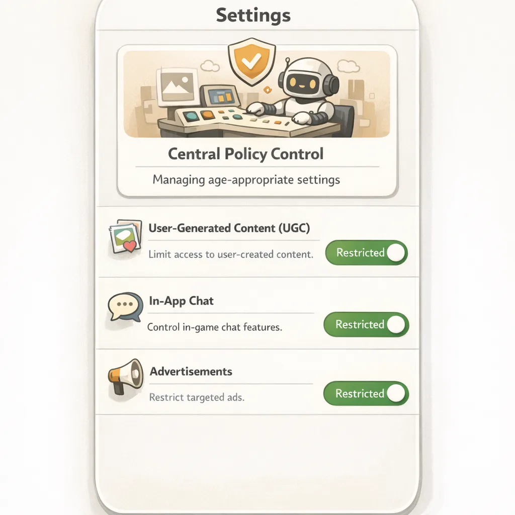 App settings screen showing age-appropriate feature toggles controlled by a policy module