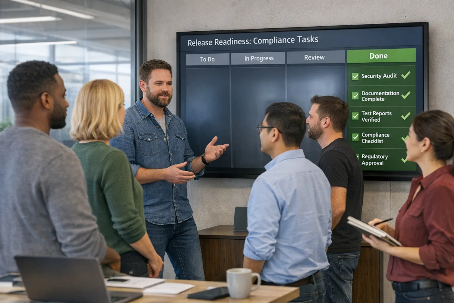 Engineering team stand-up with a kanban board showing compliance tasks checked off