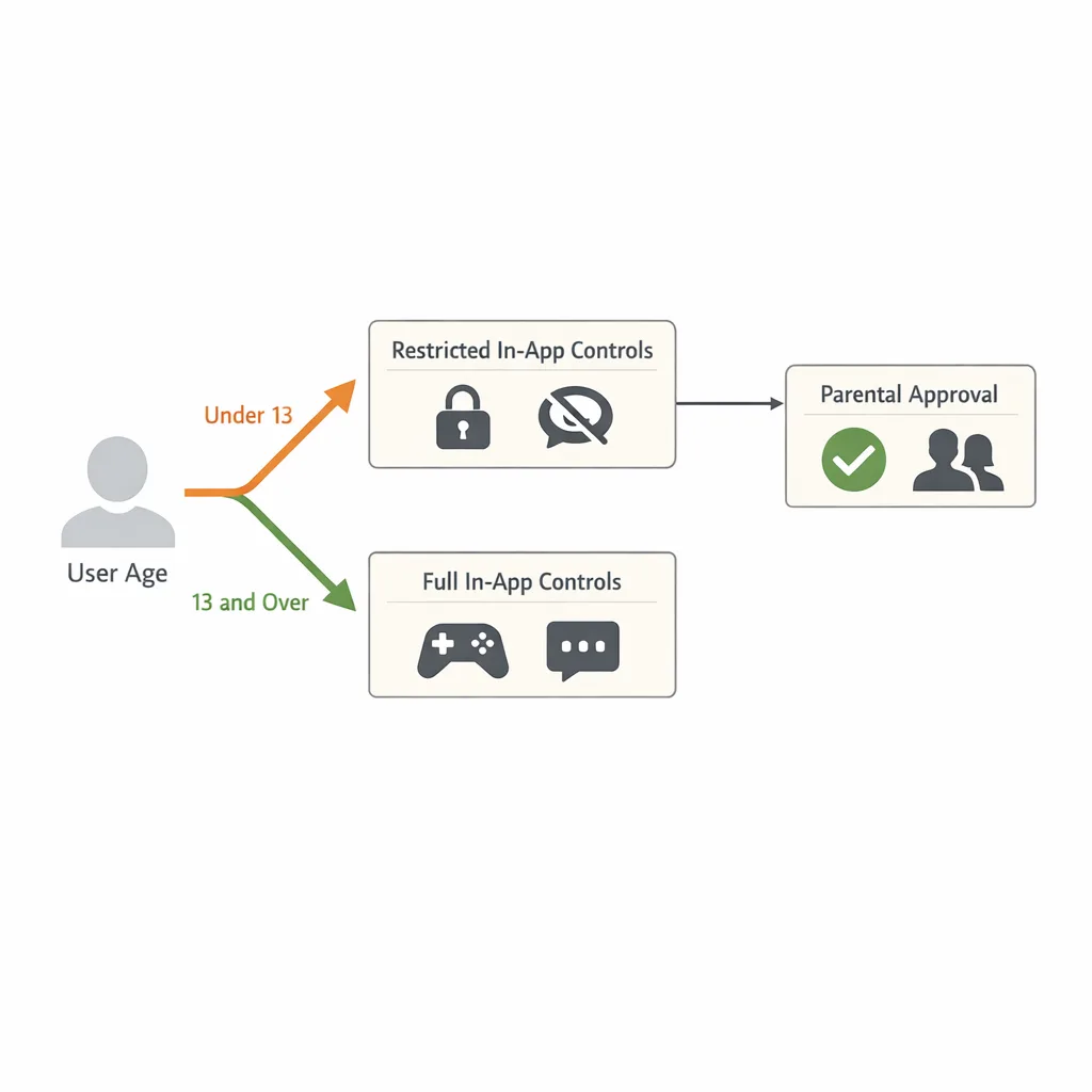 Flowchart of age-based controls and approvals in a mobile app