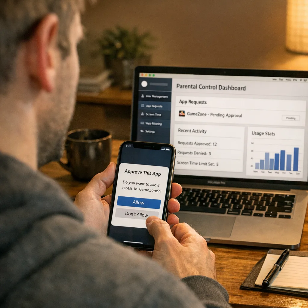 Developer testing parental controls on an iPhone while monitoring an admin dashboard