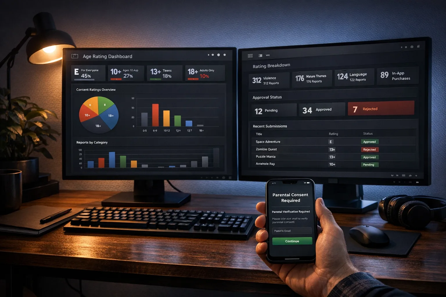 Developer desk with age gating dashboards on screen