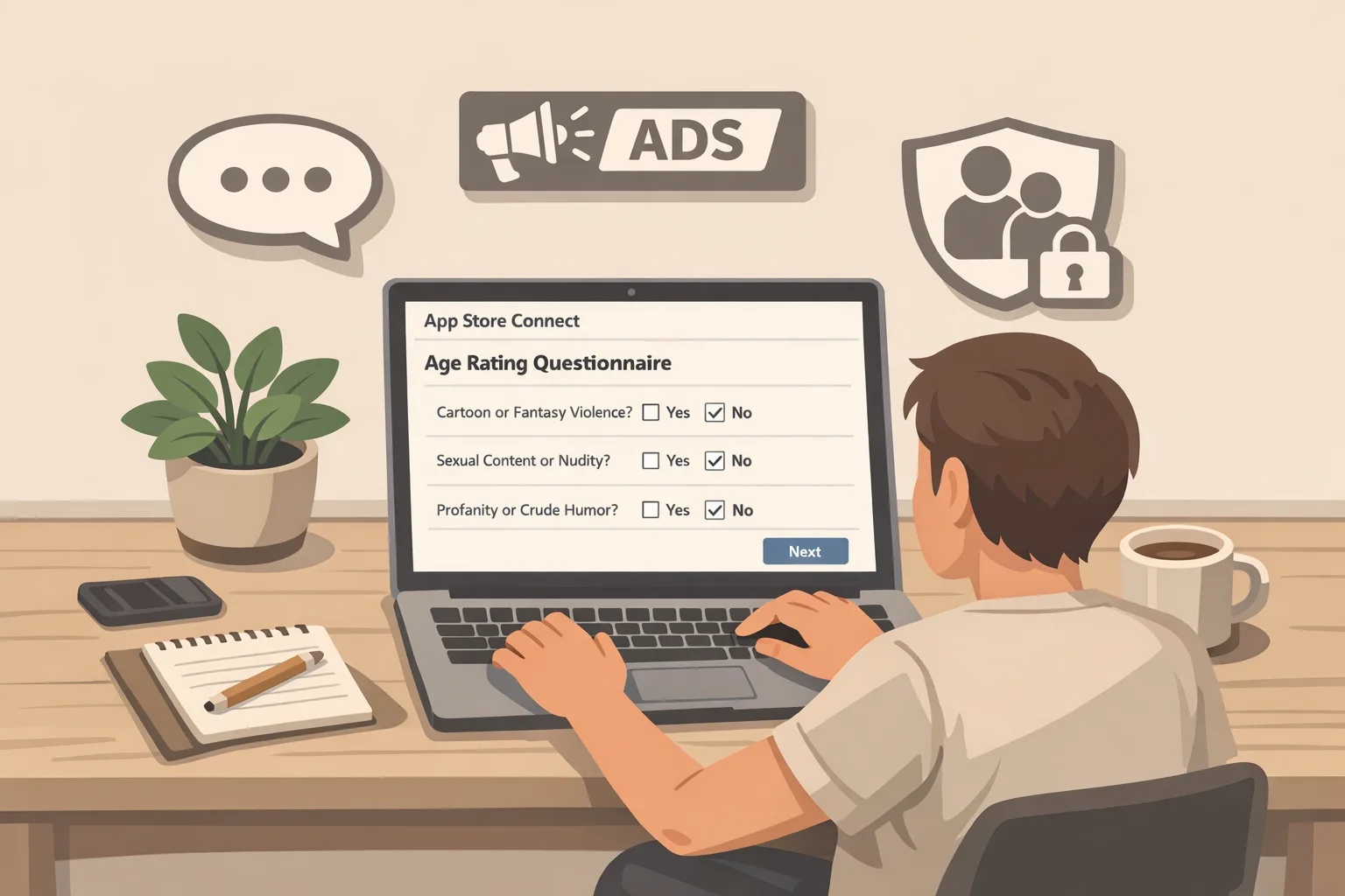 Developer completing App Store Connect age rating questionnaire
