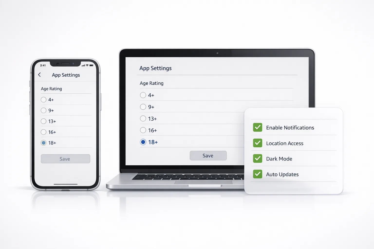 Illustration of new App Store age rating tiers and a developer checklist