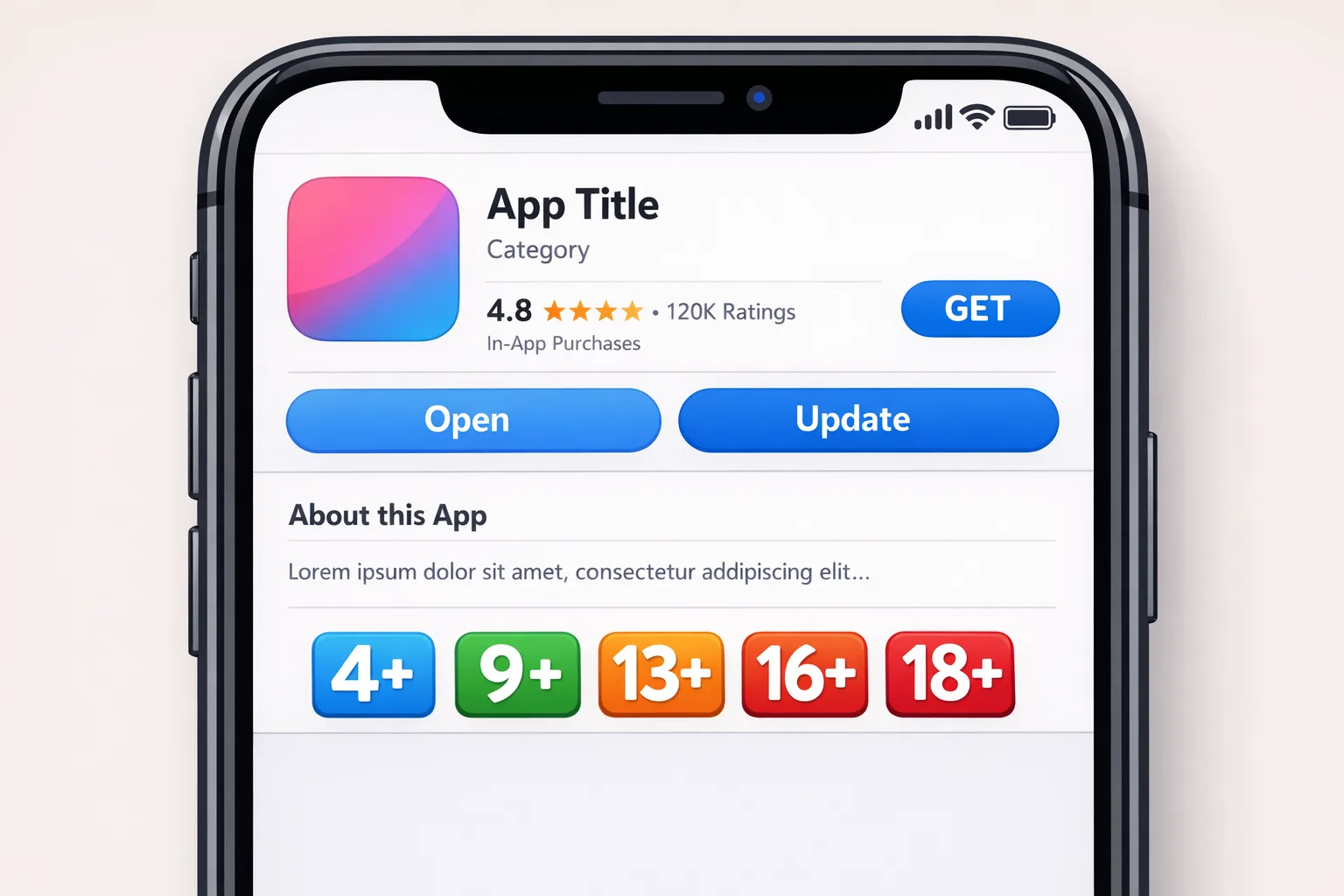Illustration of App Store age rating badges from 4+ to 18+