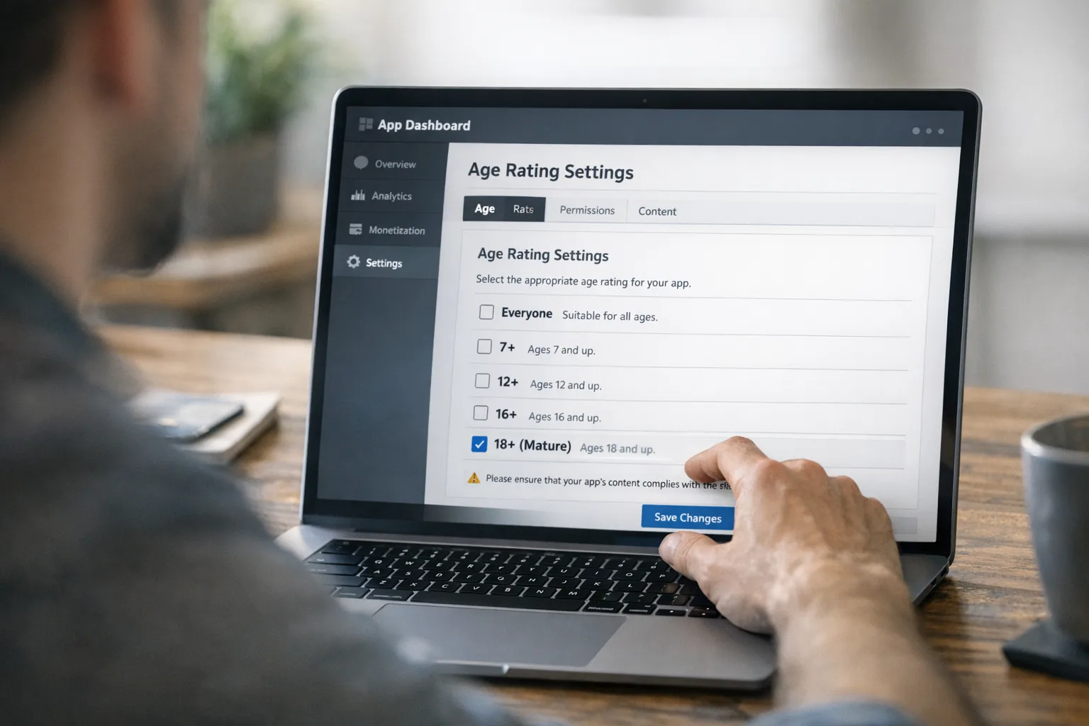 Developer adjusting app age rating settings in a dashboard