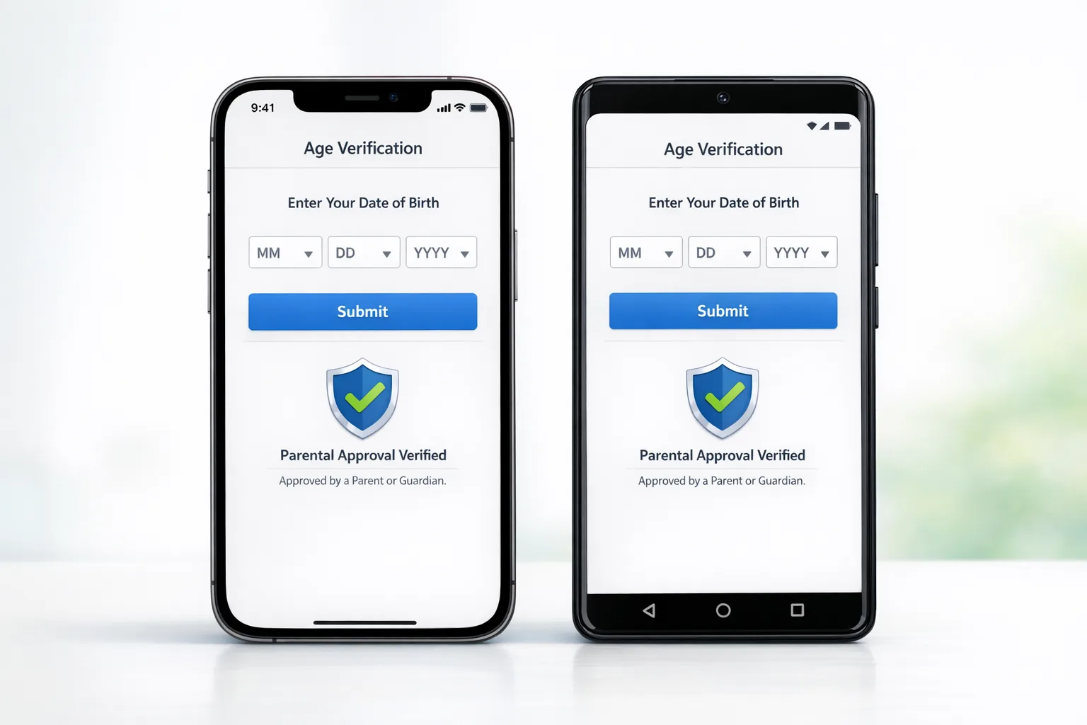 Illustration of mobile age gate UI for iOS and Android