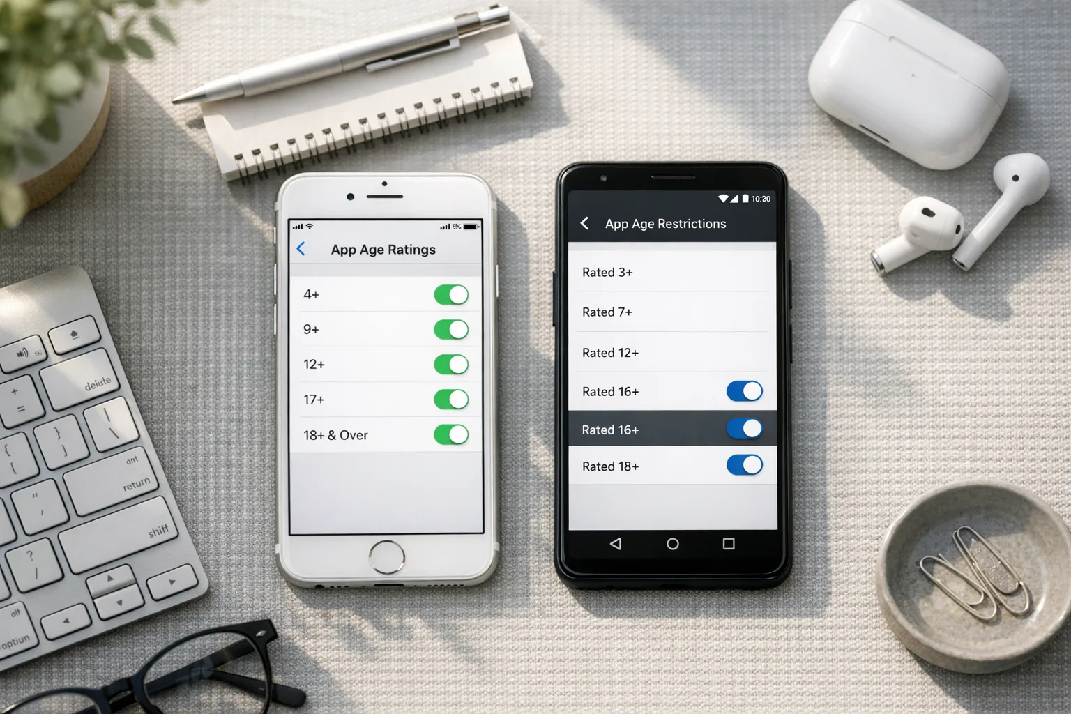 Phones on a developer desk showing age rating controls