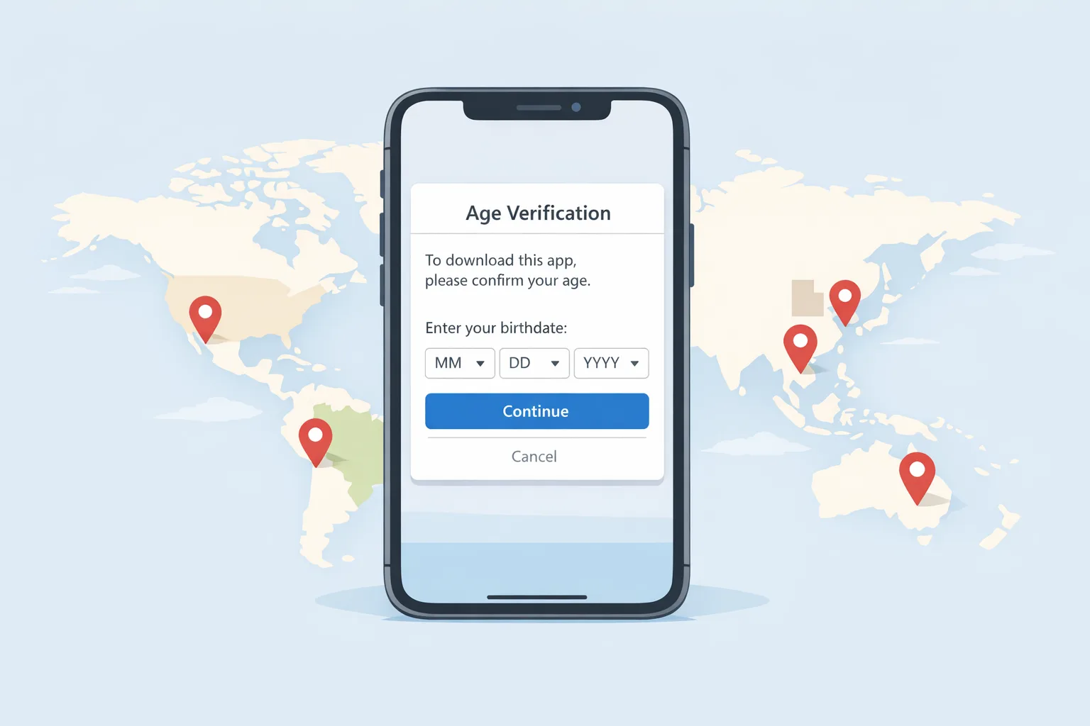 Illustration of an App Store age verification prompt across regions