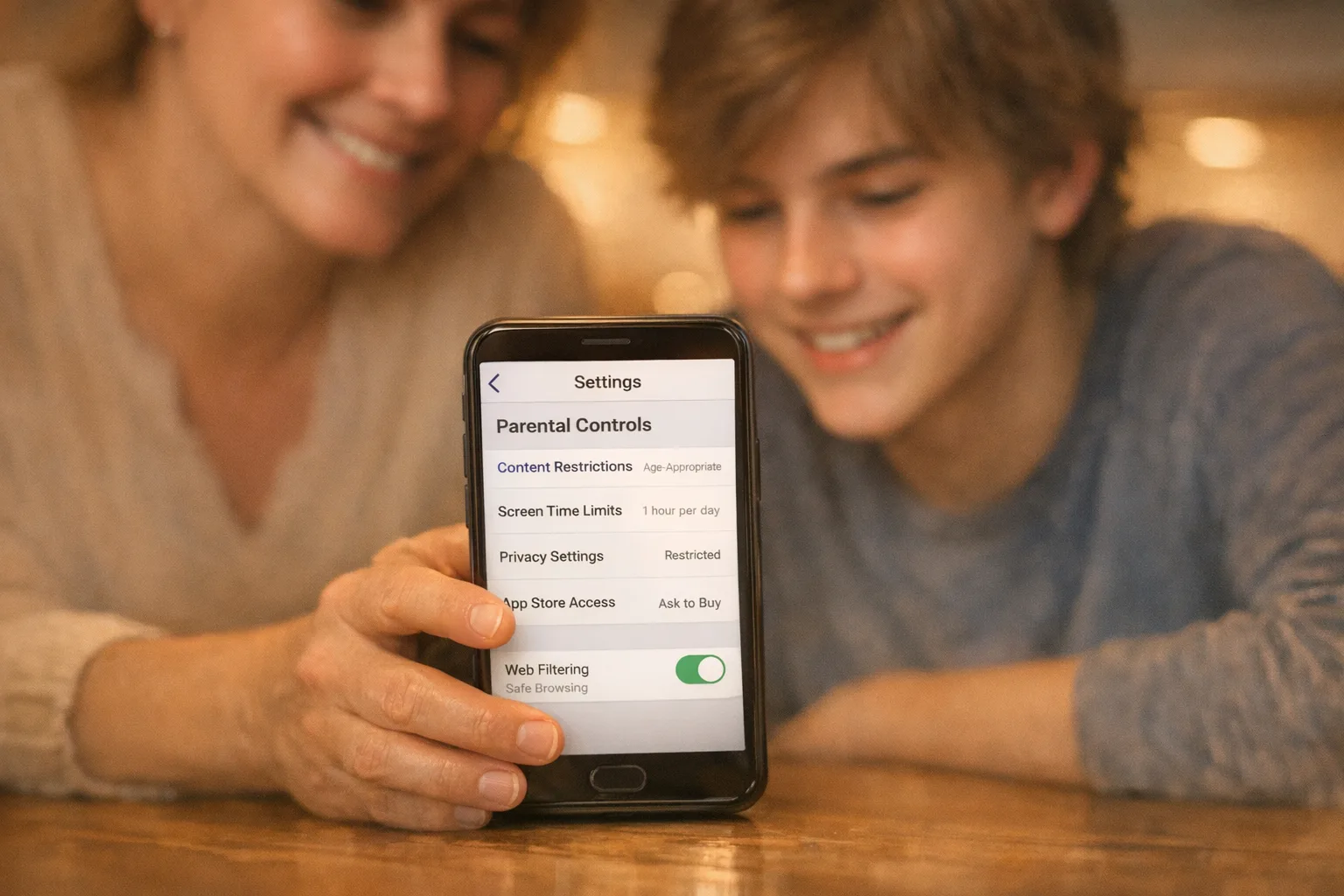 Parent and teen reviewing age-appropriate settings on a phone
