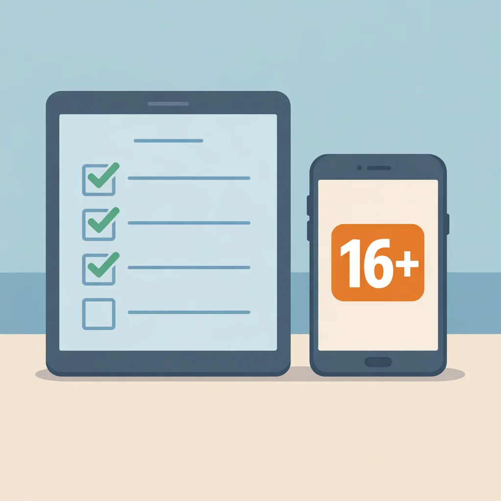 Checklist for App Store compliance next to a phone with a 16+ age rating