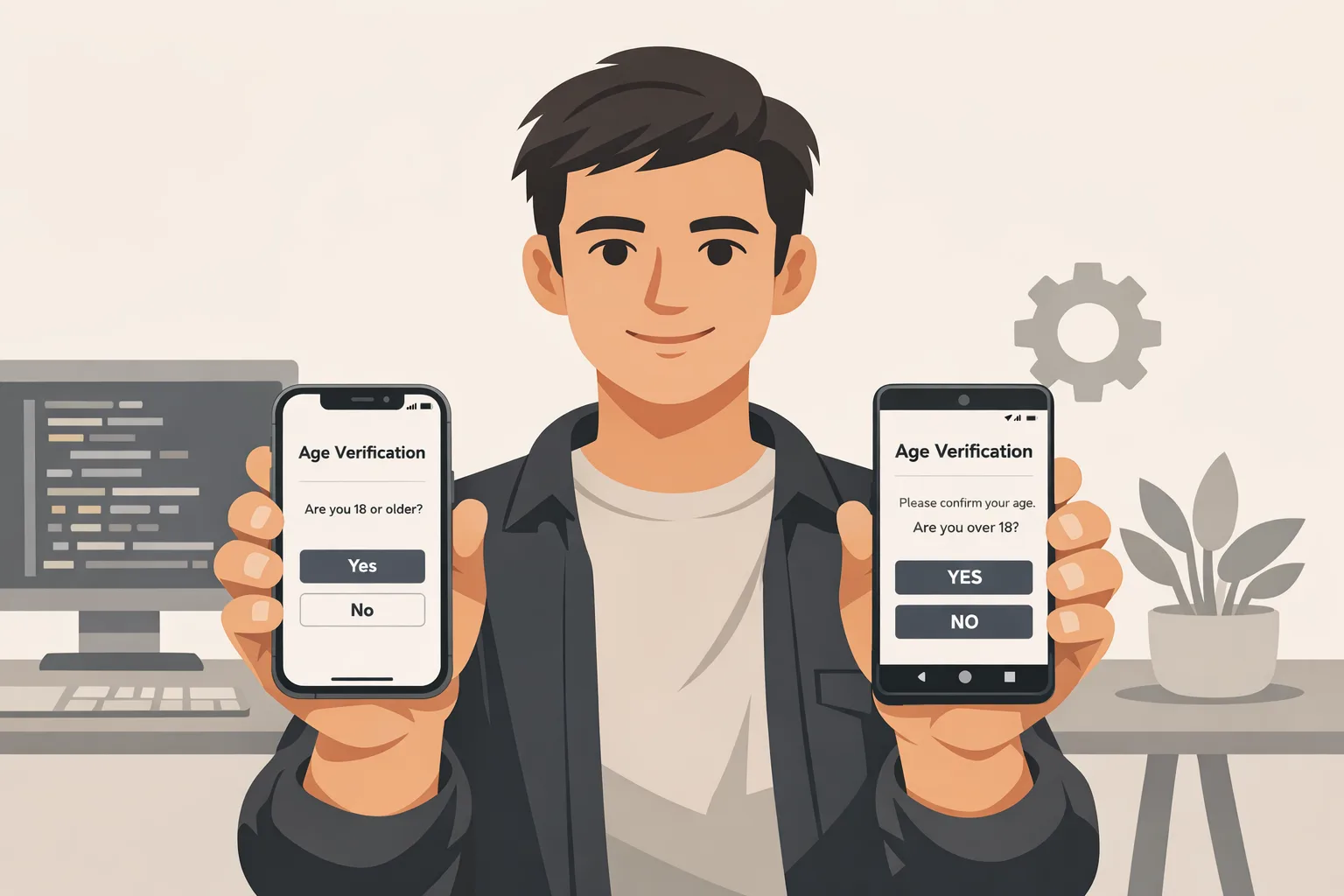 Illustration of iOS and Android devices showing age verification prompts