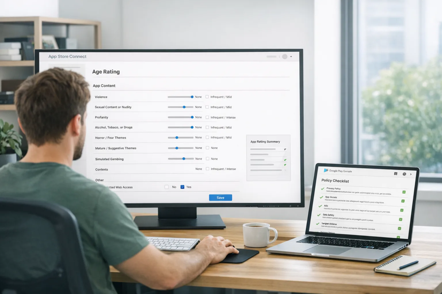 Developer updating age rating settings in App Store Connect next to Play Console