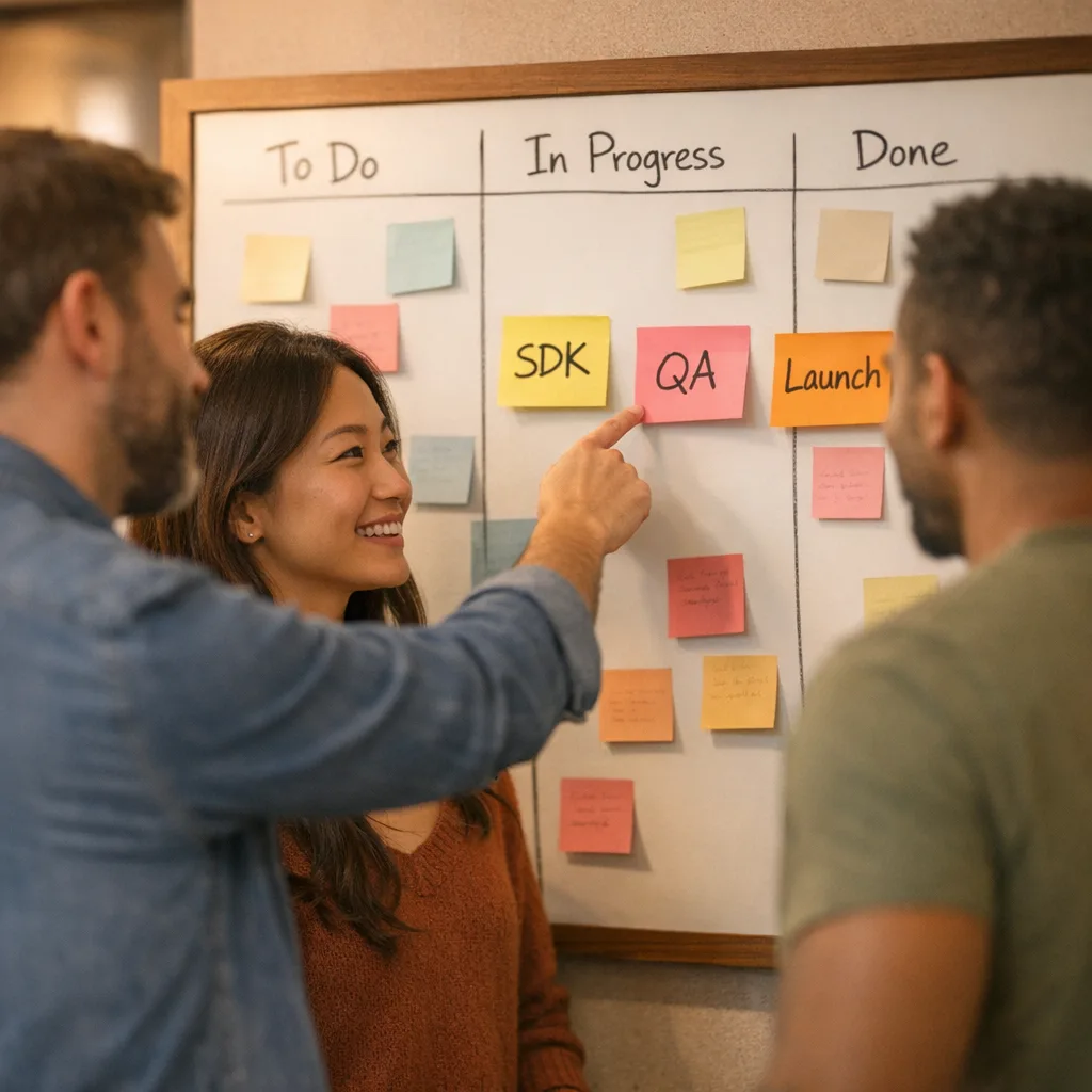 Product team planning SDK migration and launch tasks on a kanban board