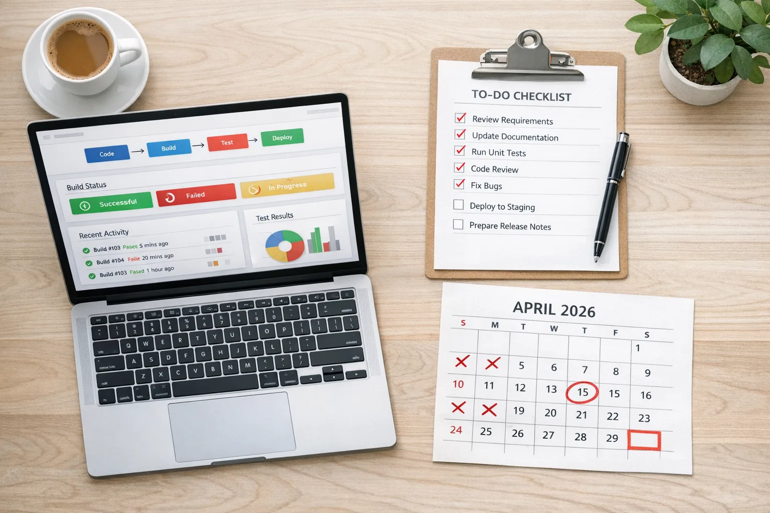 Team desk with April 2026 deadline calendar and build checklist