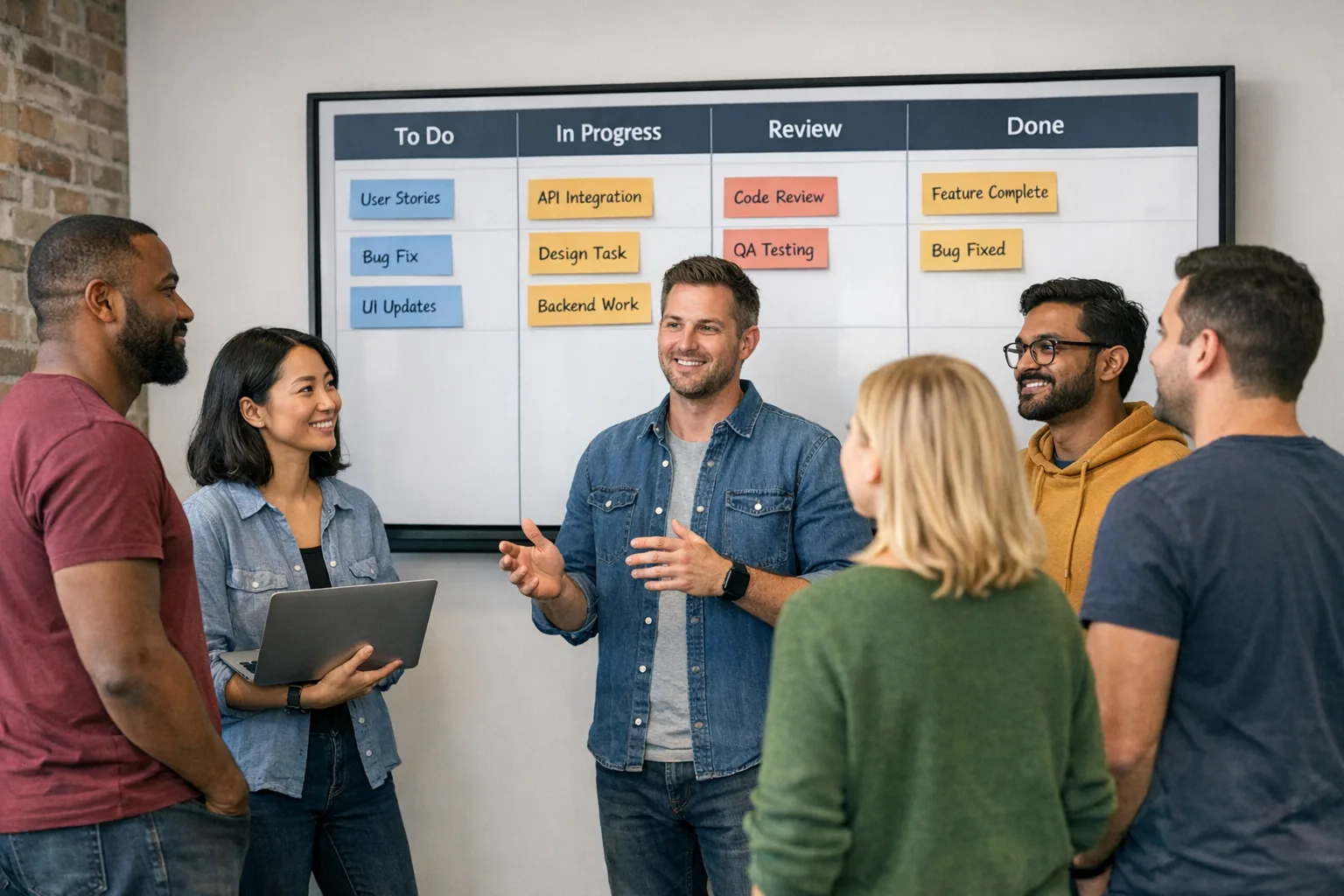 Mobile team standup with a kanban board highlighting SDK 26, age ratings, and UK review tasks