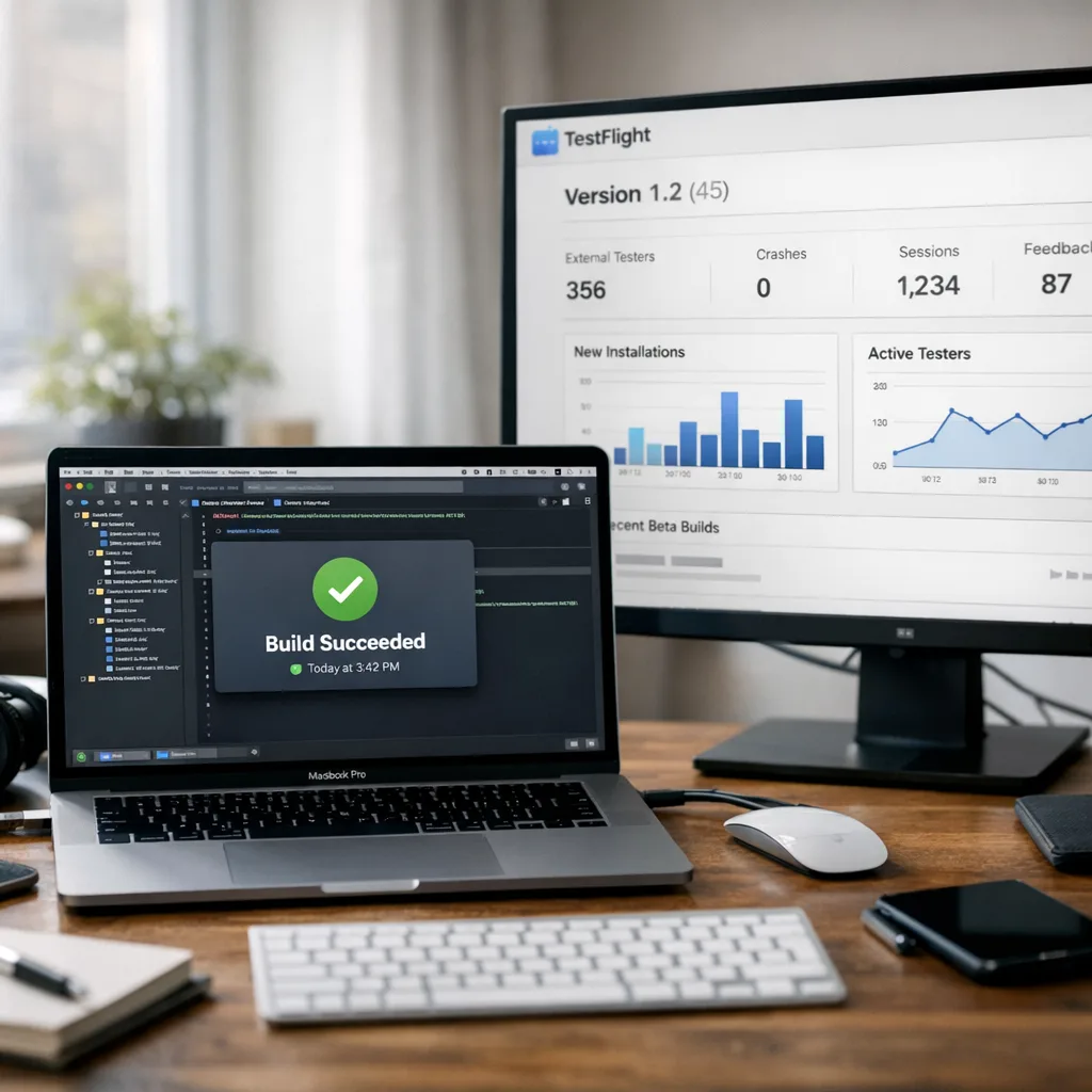 Developer desk showing Xcode build and TestFlight dashboard