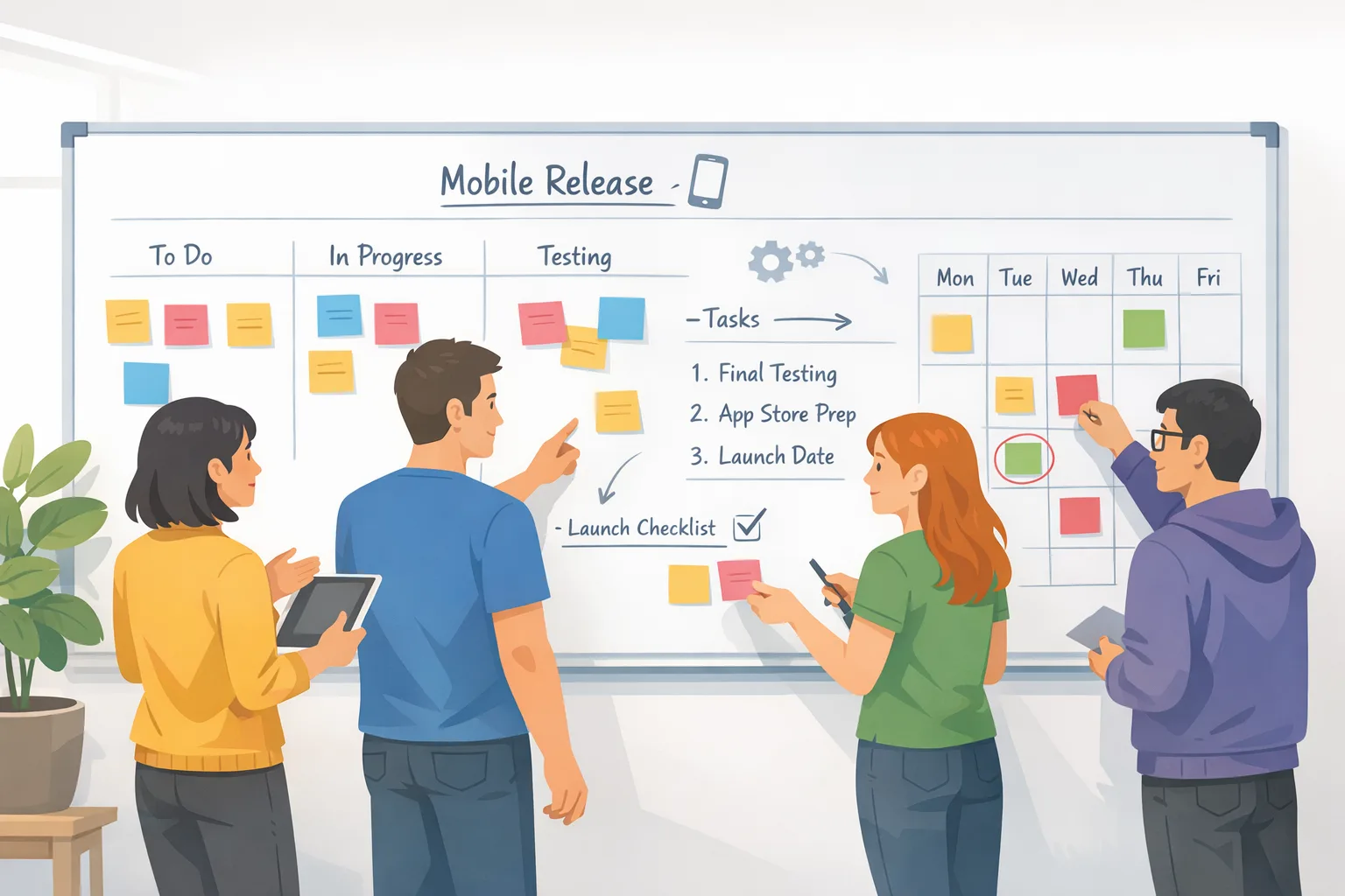 Team planning a mobile release schedule on a whiteboard