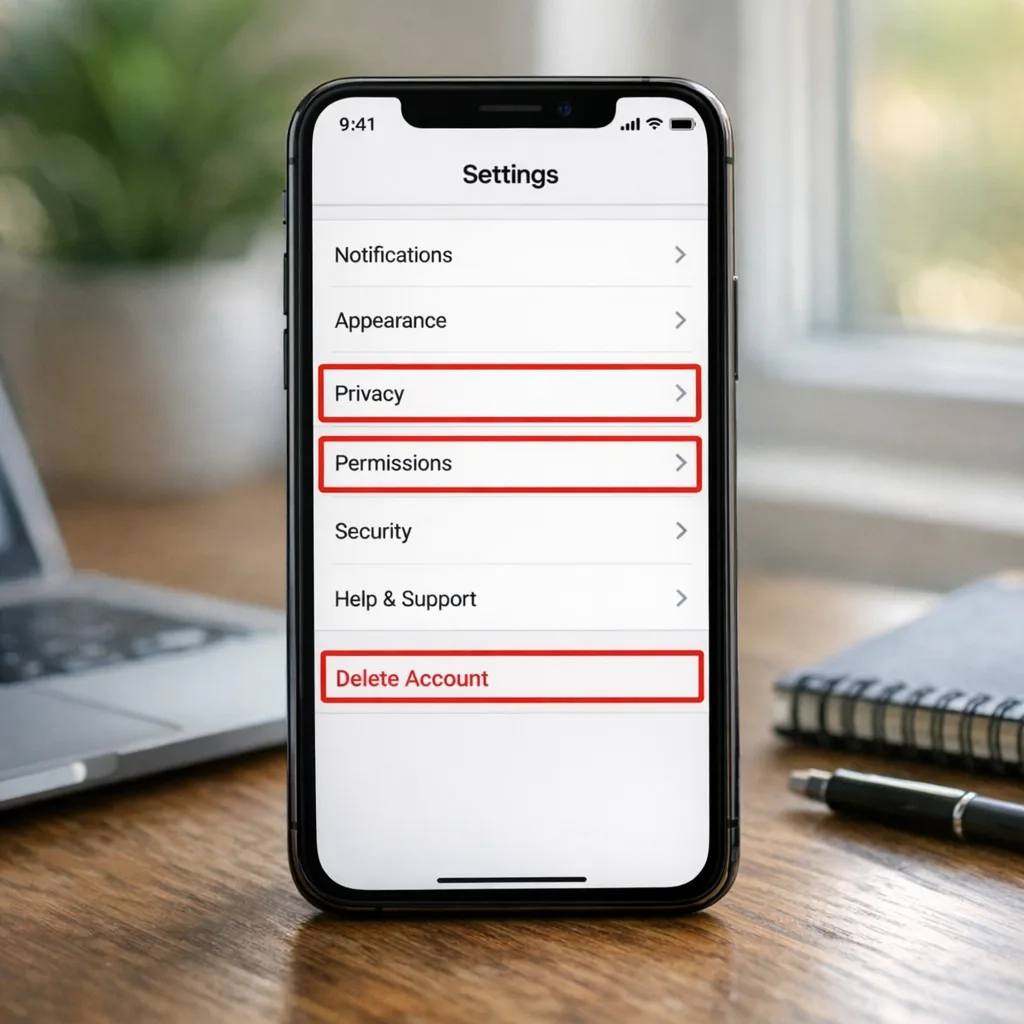 App settings screen with privacy and deletion options highlighted