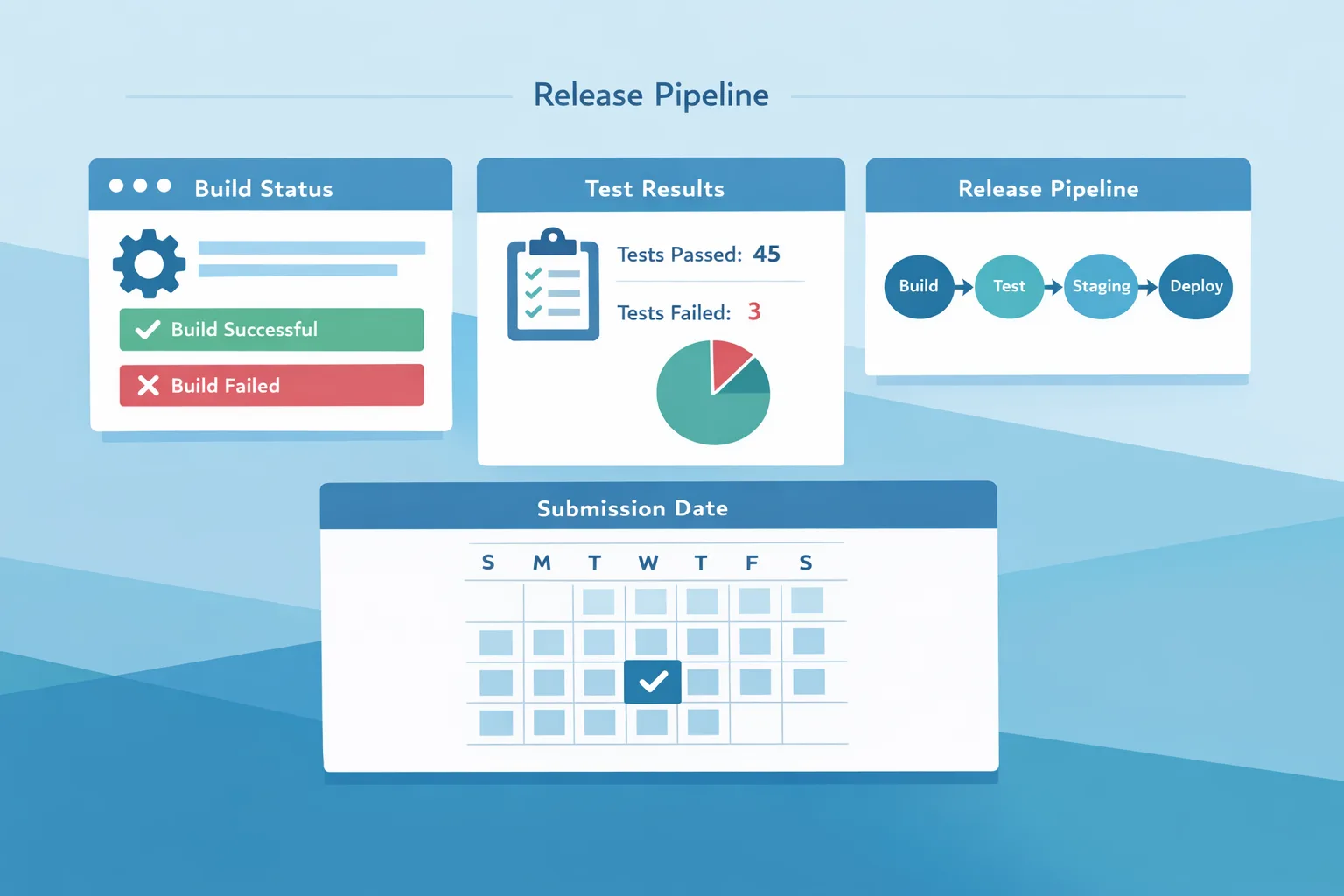 Illustration of a release pipeline dashboard and a highlighted submission date