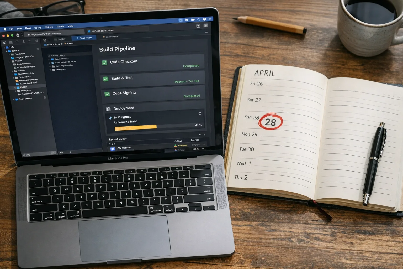 Developer laptop with Xcode and a calendar marked April 28