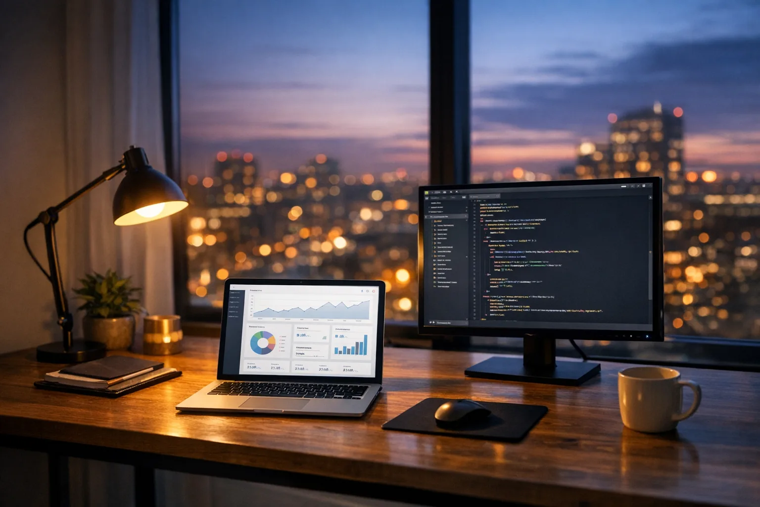 Developer desk with code editor and dashboard open