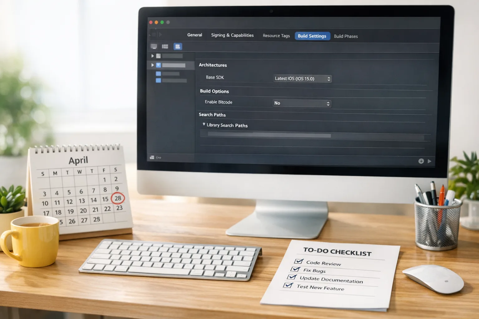 Developer workstation with Xcode and an April 28 deadline highlighted