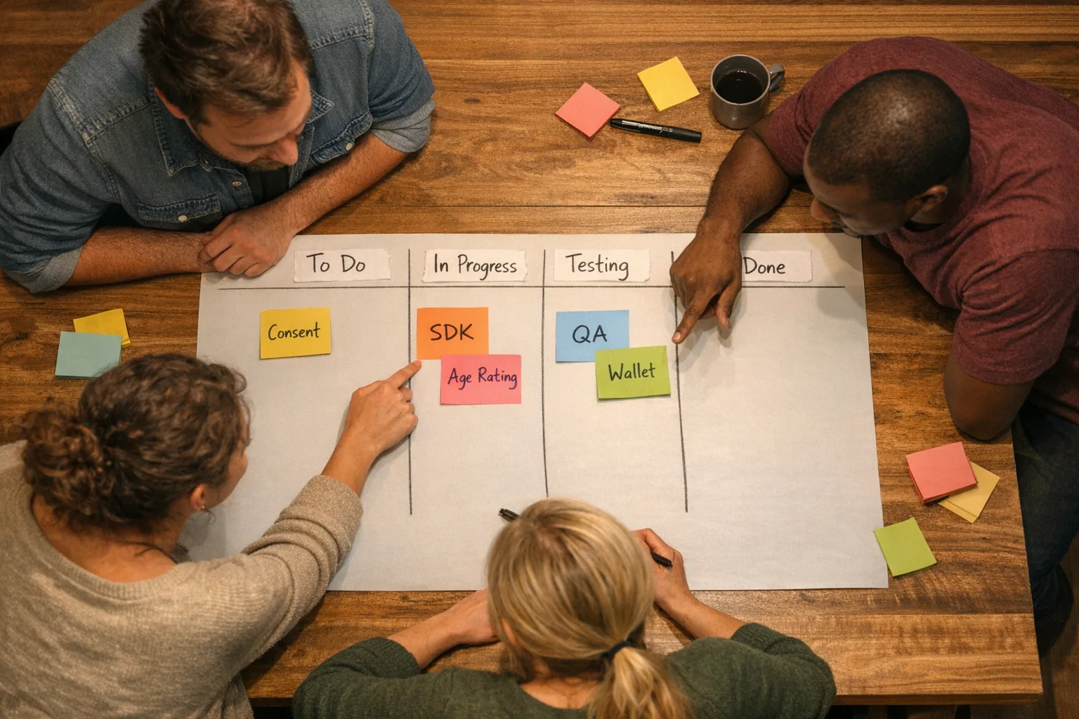 Product team planning SDK cutover tasks on a kanban board