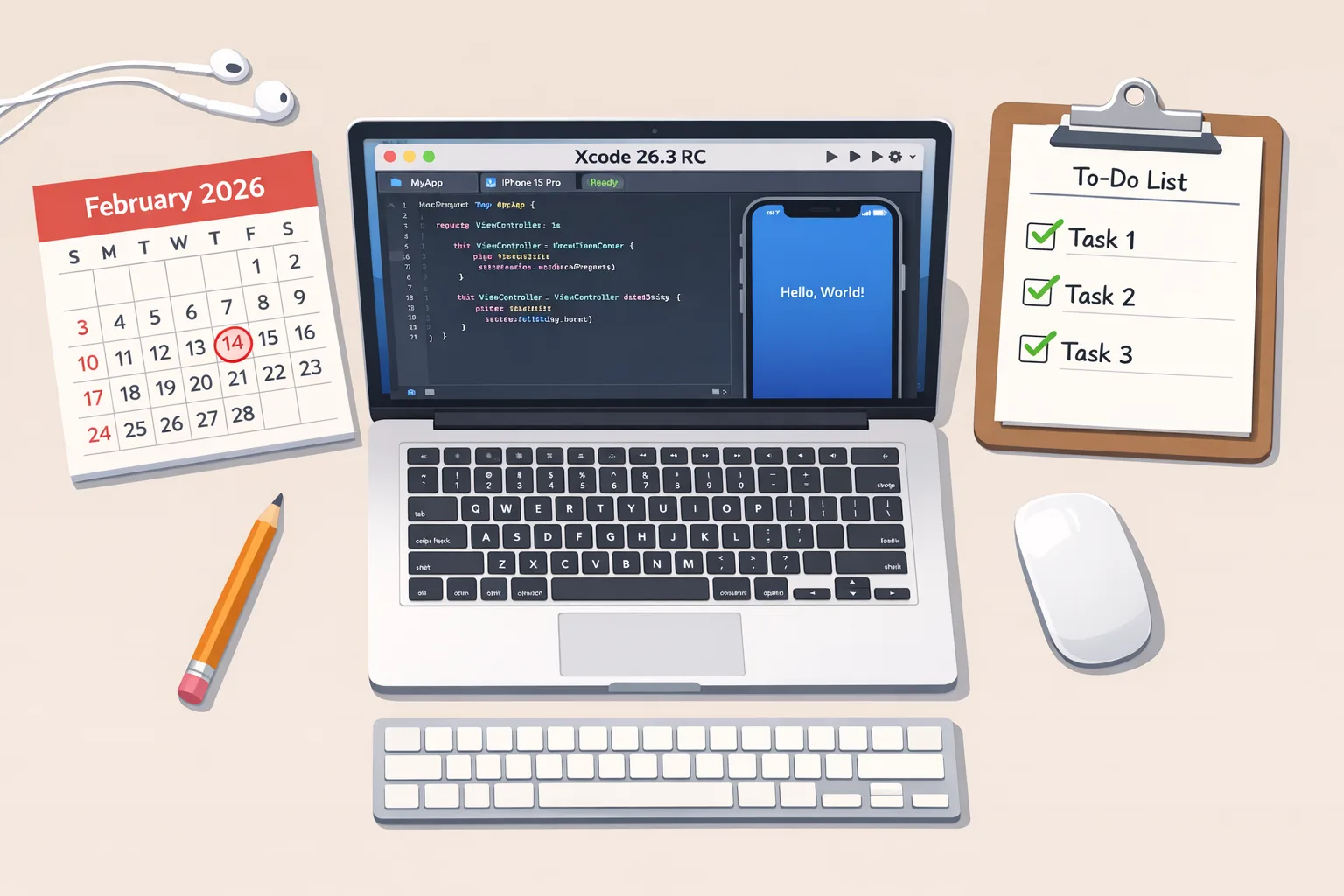 Xcode 26.3 RC and February 2026 release planning on a developer desk
