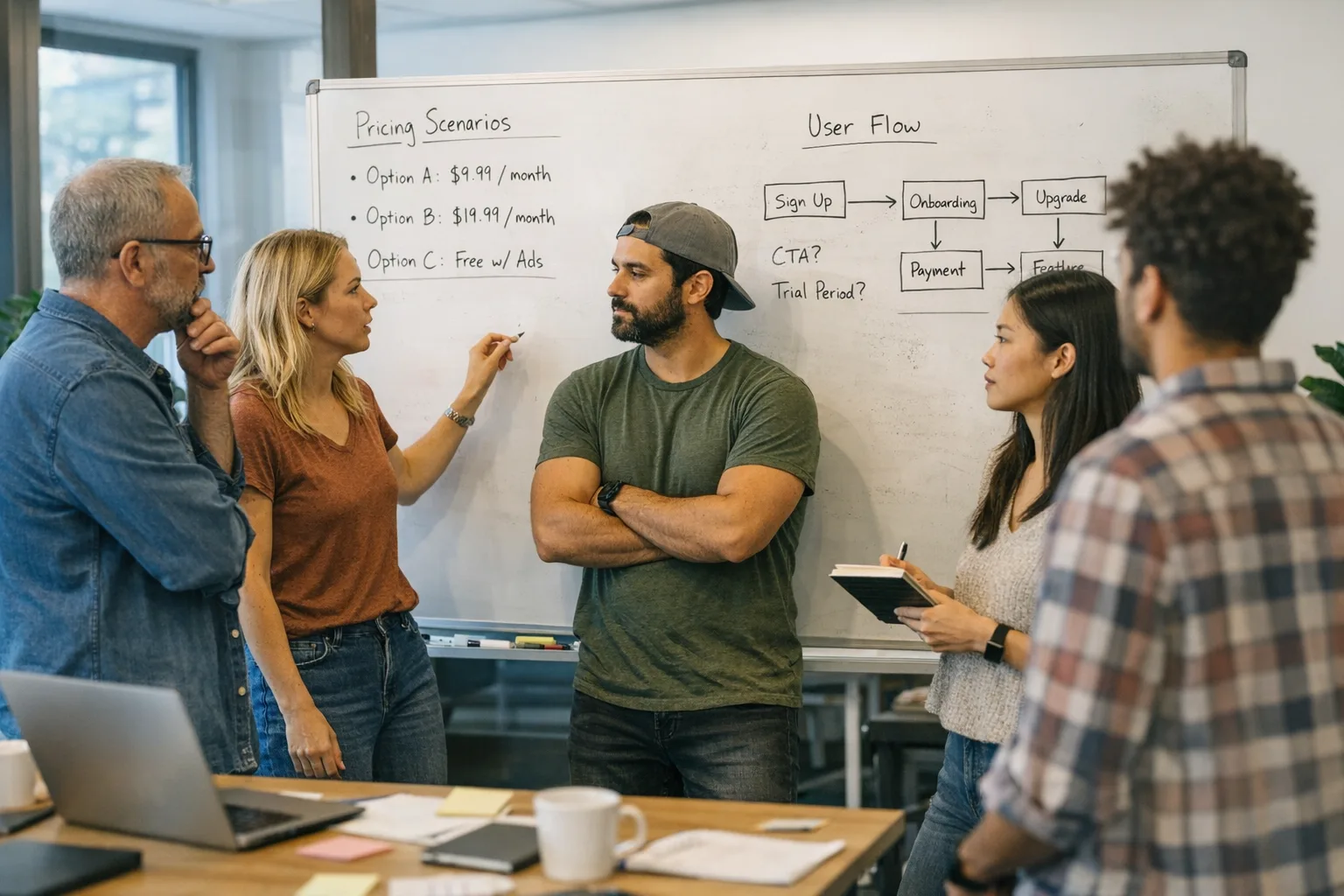 Product team reviewing pricing scenarios and flows